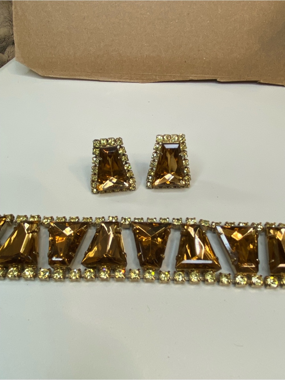 Vintage Amber Crystal Trapezoid Earrings and Bracelet Set